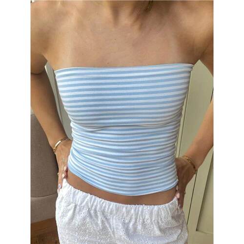 Strapless striped short slim fit top女士抹胸条纹短款修身上衣