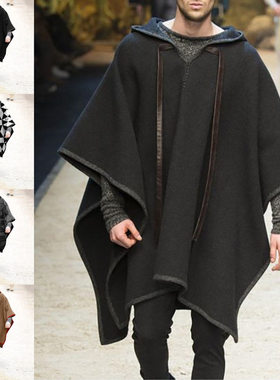 民族风宽松休闲斗篷披肩套头披风毛呢外套男潮Men's cloak jacket