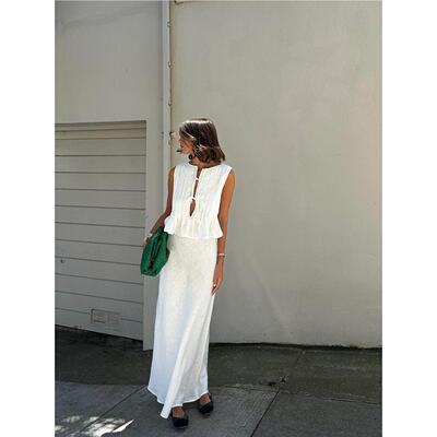 欧美风棉麻褶边无袖背心长裙套装Sleeveless vest half skirt set