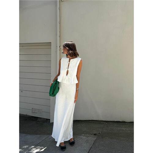 欧美风棉麻褶边无袖背心长裙套装Sleeveless vest half skirt set