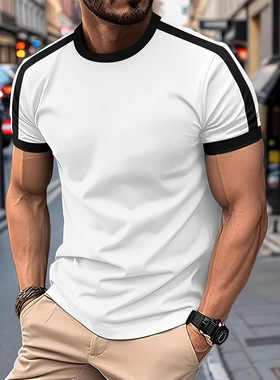 Men's T-shirt 2026欧美男装休闲短袖运动健身撞色男式T恤潮上衣