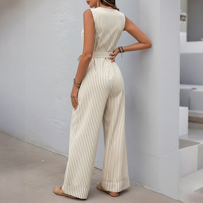 连体裤阔腿 Sleeveless khaki striped jumpsuits wide leg pants