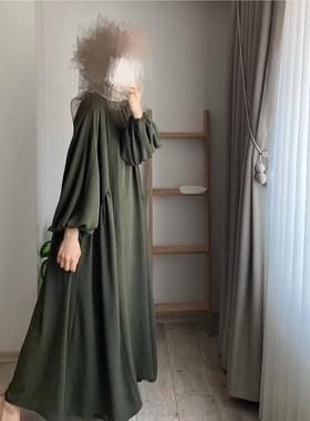 新款中东纯色时尚宽松灯笼袖连衣裙 Loose lantern sleeve dress