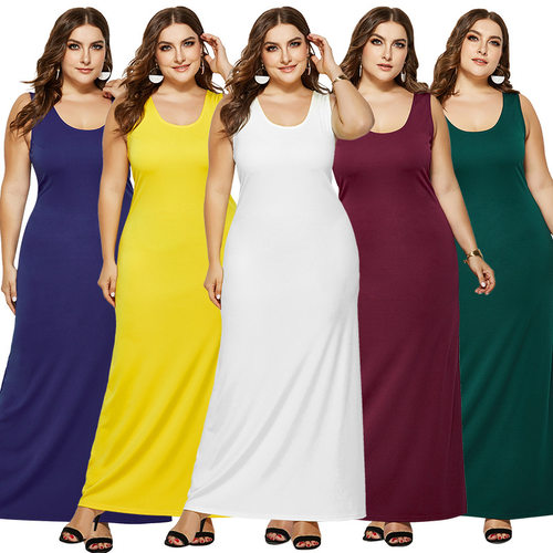Plus Size Women Sleeveless Maxi Dress 夏季大码纯色无袖长裙女