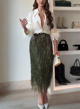 2025 Women's Autumn New Tassel Long Sleeve Top and Skirt Set