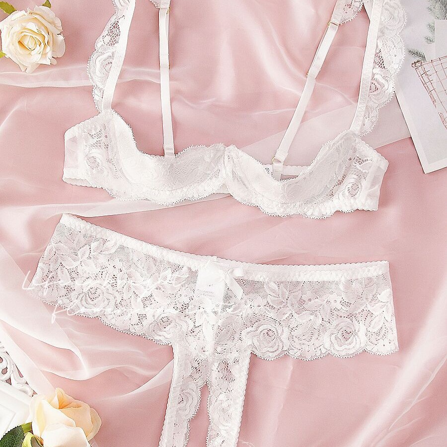 Womens Fun Underwear Transparent Lace Sexy Bra Set