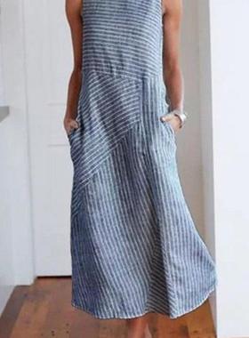 Cotton linen dress速卖通跨境简约条纹棉麻宽松连衣裙无袖A字裙