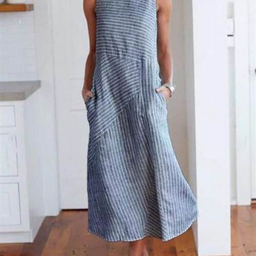 Cotton linen dress速卖通跨境简约条纹棉麻宽松连衣裙无袖A字裙