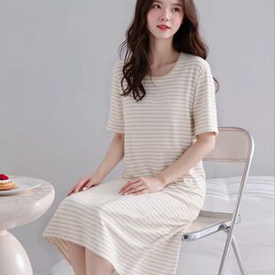 纯棉条纹女士家居睡裙 新疆彩棉女士睡裙 双面磨毛面料 新款 夏季