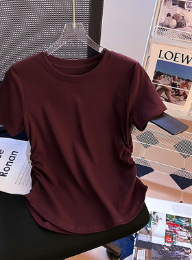 设计感紫色短袖t恤女2025新款夏季正肩掐腰纯棉打底小衫显瘦上衣