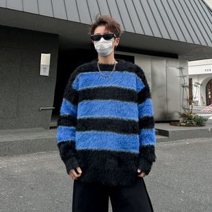 加厚套头懦弱慵懒风毛衣外套 针织衫 2025冬装 条纹海马毛宽松男士