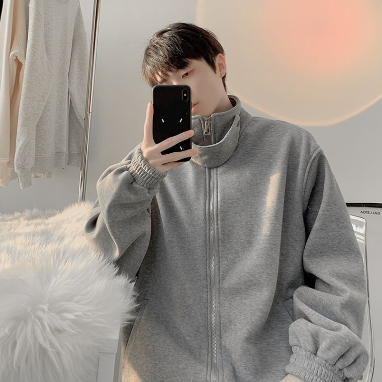 美式休闲有垫肩开衫卫衣男灰色宽松落肩袖保暖外套