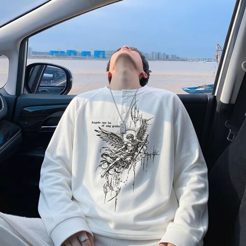wassuphappy美式印花圆领卫衣男秋冬季潮牌加绒加厚宽松休闲外套