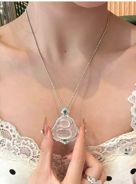 s925纯银白冰玉髓绿玛瑙翡翠佛公吊坠项链女高级感锁骨链送礼物