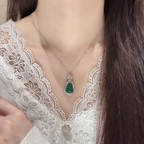 s925通体纯银天然玉髓翡翠绿葫芦项链吊坠女款高级感锁骨链送女友