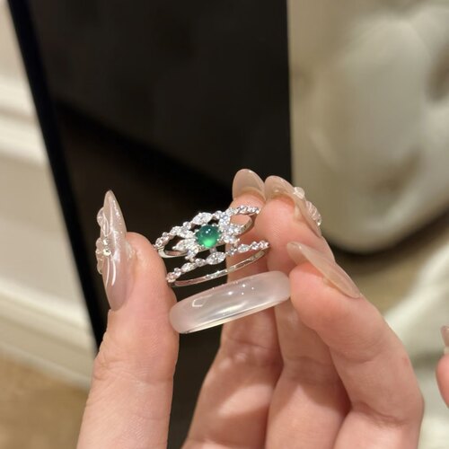 新中式天然玉髓繁花绿珠白指环套戒指2025新款女高级感两戴款