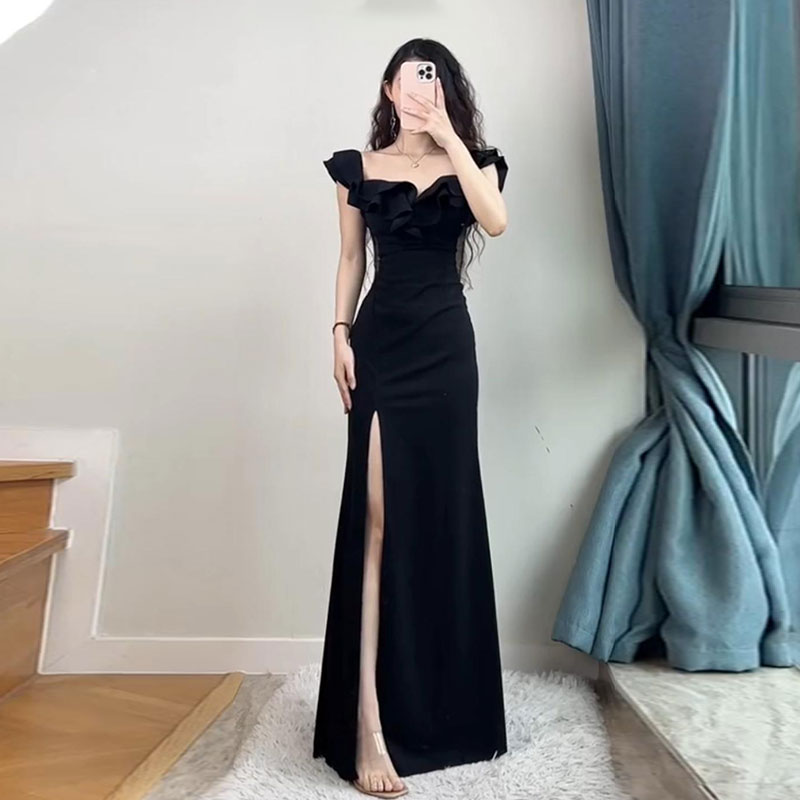 倪妮同款性感露背包臀开叉连衣裙