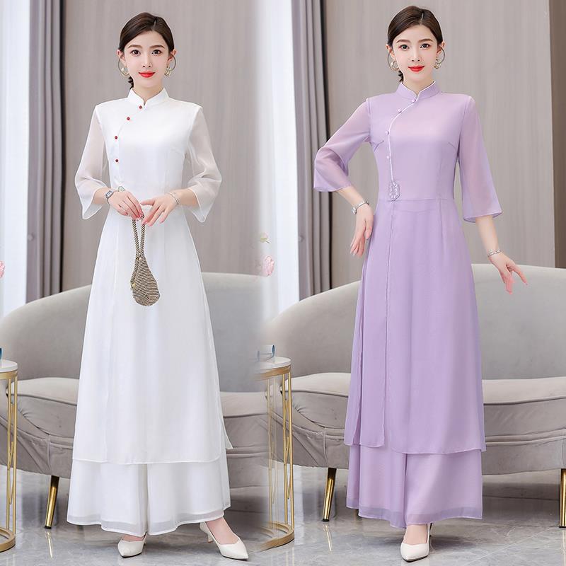 9074改良汉服女国风套装新中式盘扣上衣禅服旗袍连衣裙唐装茶服夏