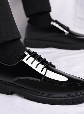 韩版新英伦舒适休闲鞋青春潮流夜店美发师皮鞋尖头亮面厚底男鞋子