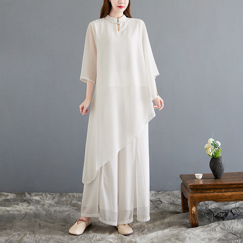 新款  飘逸禅意茶服仙气2025夏季新款女装中式中国风白色雪纺套装