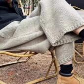 重工加厚100%纯山羊绒高腰针织休裤 女2025秋冬慵懒宽松直筒阔腿裤