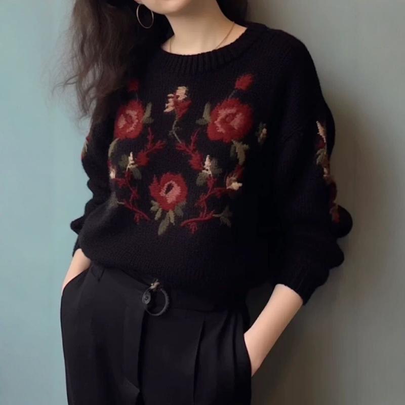 高端重工刺绣100%纯山羊绒毛衣女