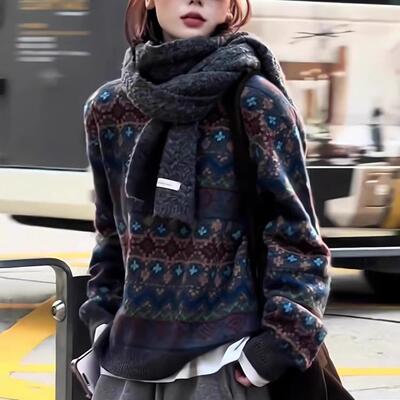 100%纯山羊绒毛衣女加厚复古提花