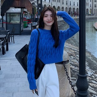 100%山羊绒毛衣女加厚小个子短款秋冬新款高腰麻花套头针织打底衫