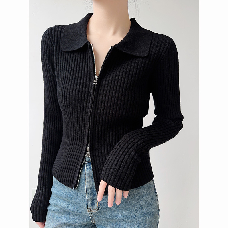 100%纯山羊绒polo领针织开衫女