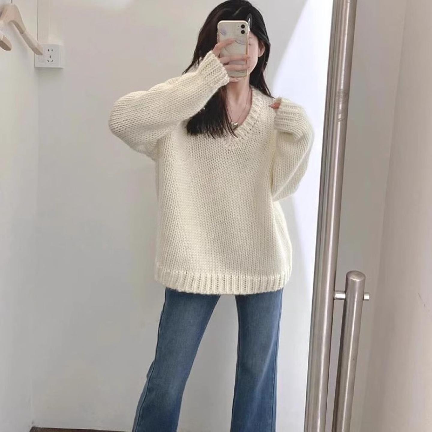 重工加厚100%纯山羊绒毛衣女v领
