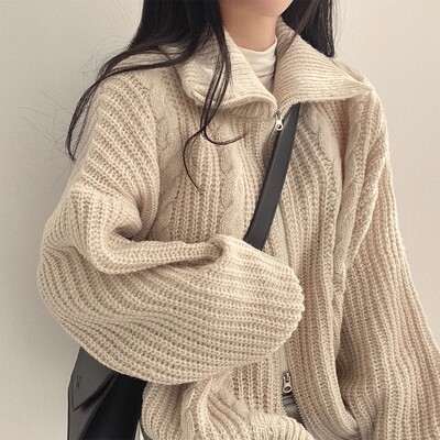 拉链高领100%山羊绒开衫女毛衣