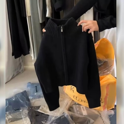 100%山羊绒开衫女短款半高领黑色