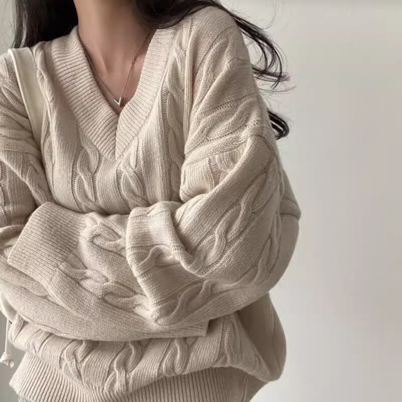 100%山羊绒毛衣女加厚25秋冬新款V领麻花宽松大码套头针织打底衫