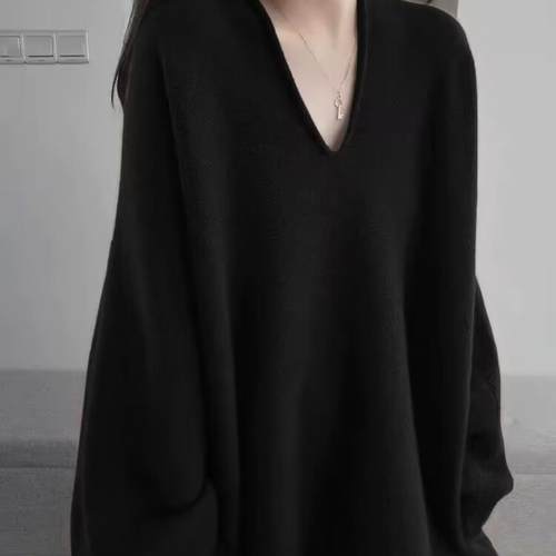 100%山羊绒毛衣女V领宽松大码