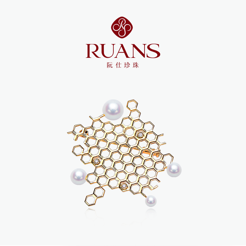 RUANS/阮仕18k金淡水珍珠胸针 网格情侣款送男友送女友