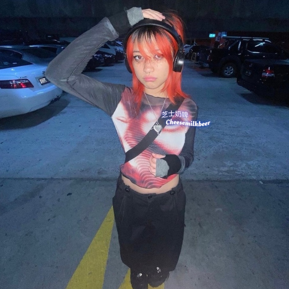 Minga grunge网纱t恤长袖上衣薄黑红扎染撞色复古y2k千禧风亚文化