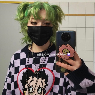 minga复古美式卫衣爱心BettyBoop毛衣女套头紫色棋盘格性感辣妹潮