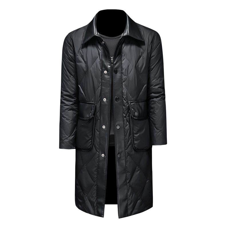 2025冬季新款男士羽绒服中长款皮料拼接90白鸭绒8899-P350假模,男装羽绒服,钱塘6023