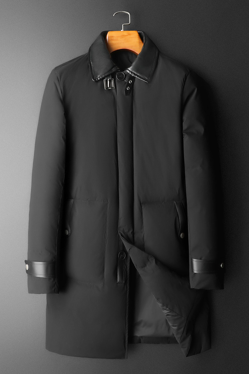 超柔蛋白冬季新款皮料拼接中长款羽绒服男90白鸭绒9823-P345平铺,男装羽绒服,钱塘6023