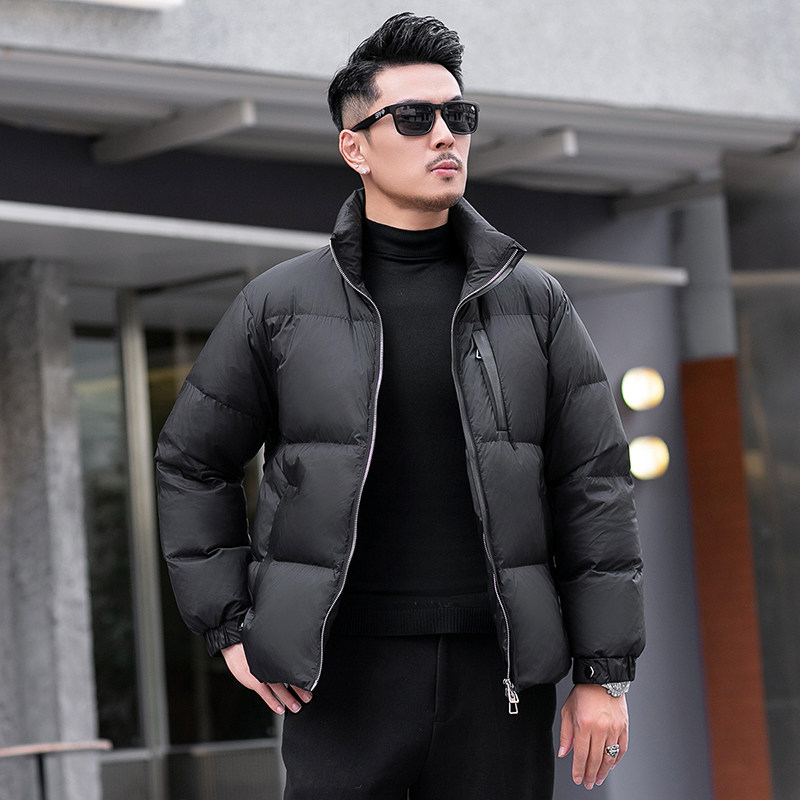 2025微落肩加厚皮拼接男士90白鸭绒羽绒服9821-P320模特图片