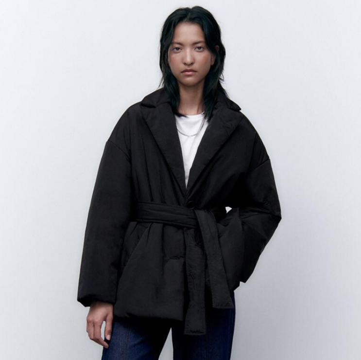 2022秋冬新款ZA女装港风黑色腰带饰棉服夹克外套RA 8073231