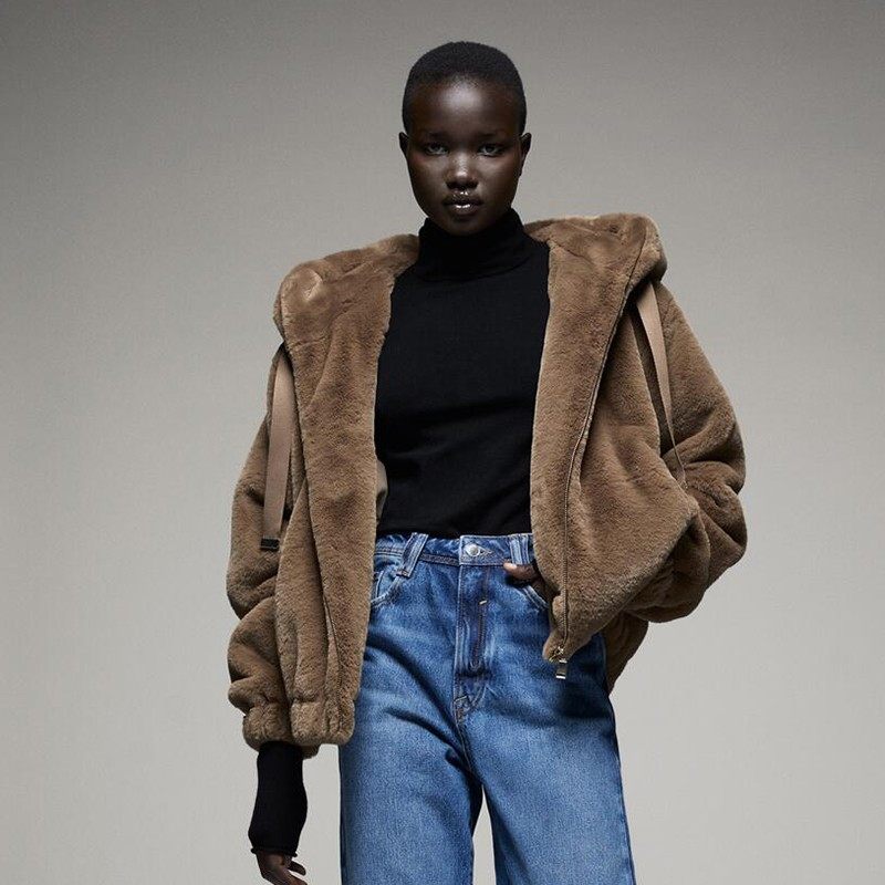 2022冬装新款ZA女装人造皮草效果连帽外套保暖时尚RA 6318227