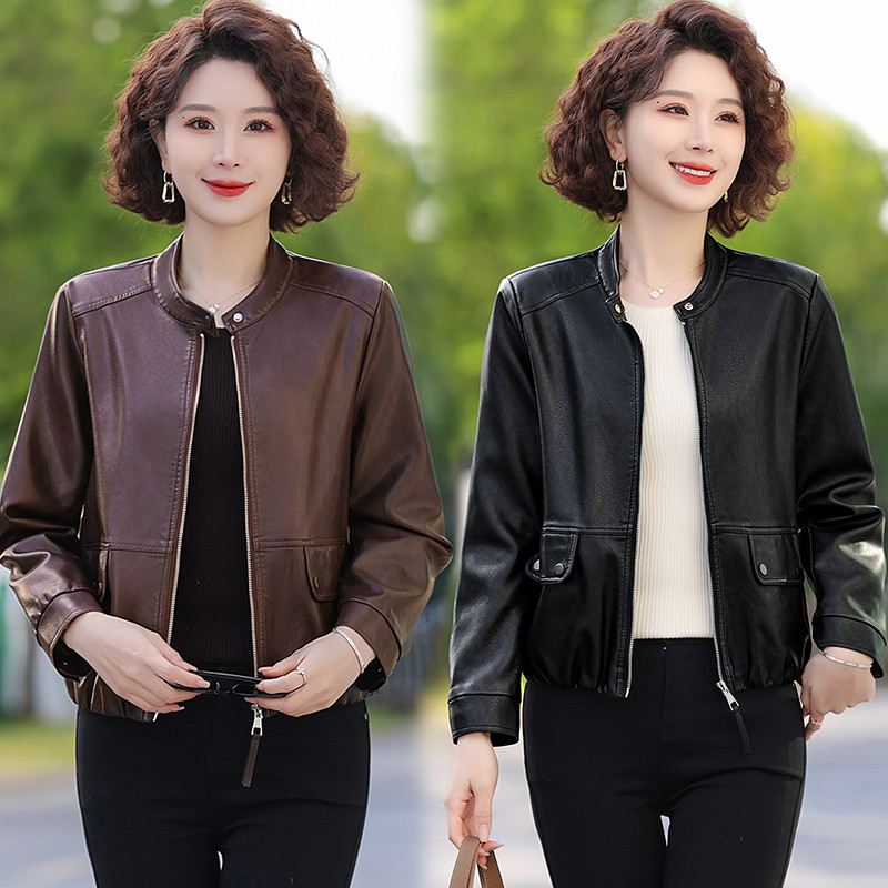 2026春秋新款女时尚圆领拉链皮夹克妈妈洋气上衣气质短款皮衣外套,女装/女士精品,中老年女装,淘宝优惠券,粉丝福利购,淘宝优惠卷