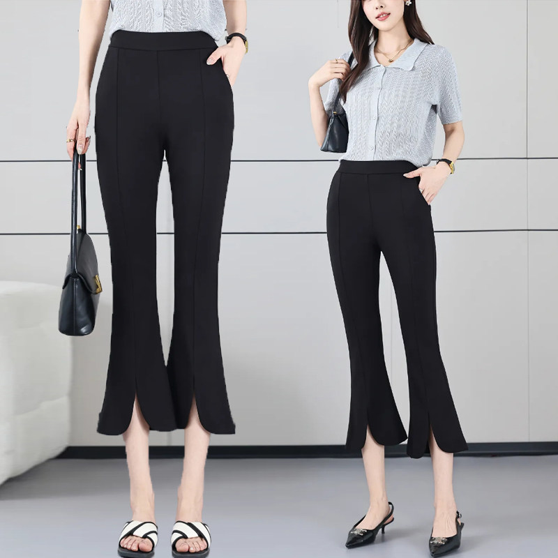 黑色微喇叭裤女夏季新款高腰弹力修身开叉休闲小个子微喇裤八分裤