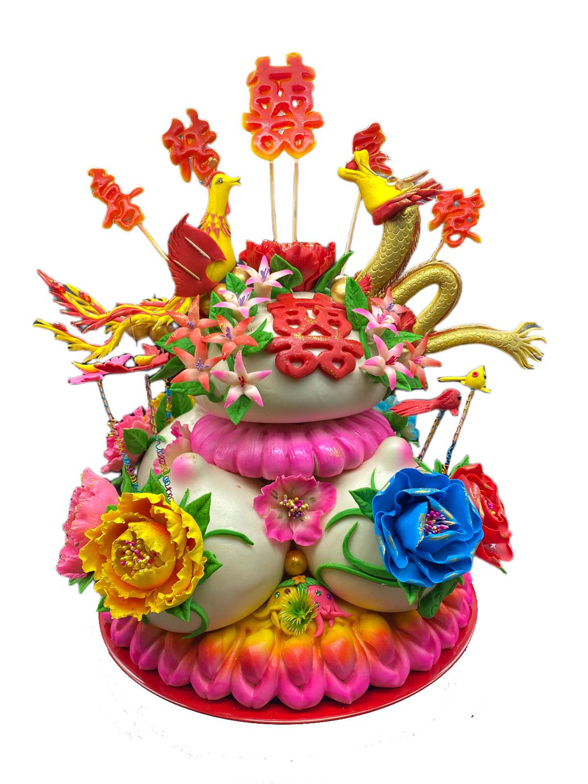 胶东花饽饽结婚喜盆龙凤呈祥年年有余面塑作品烟台特色喜饽饽定制