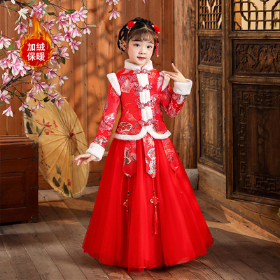 女童春节拜年服装两件套装大红色中国风汉服旗袍喜庆网纱裙子加绒