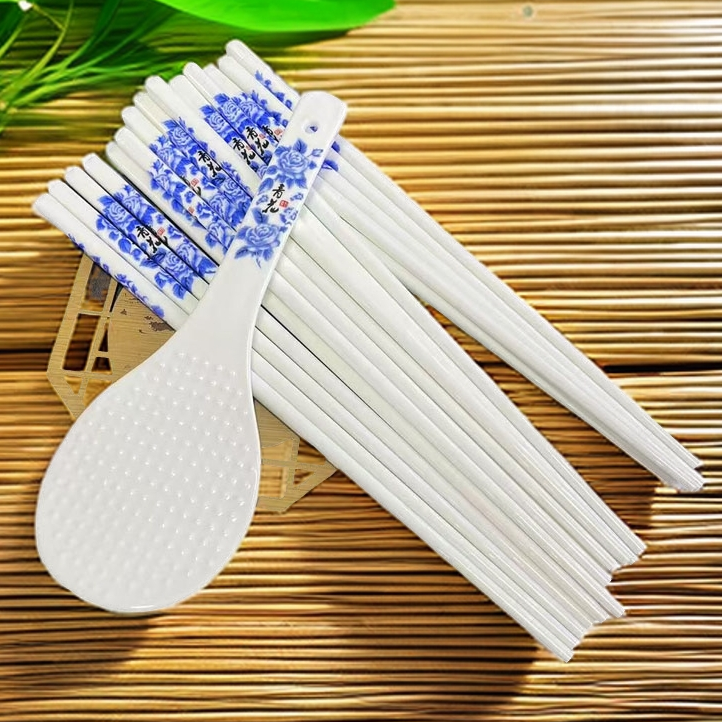 青花陶瓷筷子陶瓷饭勺易清洗餐具防霉环保抗菌筷家用饭店酒店用