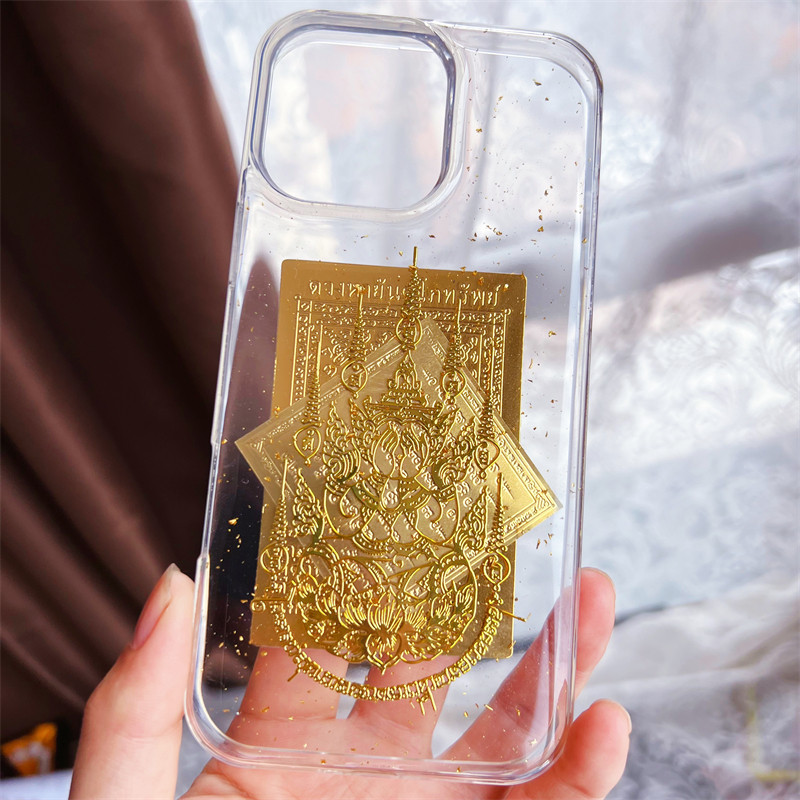 泰国佛卡金片17手机壳苹果14pro新款滴胶手工16招财进宝经文适用iPhone15plus平安符13透明佛系禅意2金箔莲花