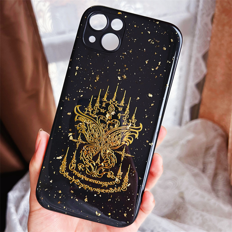 苹果16promax手机壳泰国风蝴蝶女神潮iPhone17promax金箔桃花发财14plus五条经文佛2025高端新款13九尾狐壳