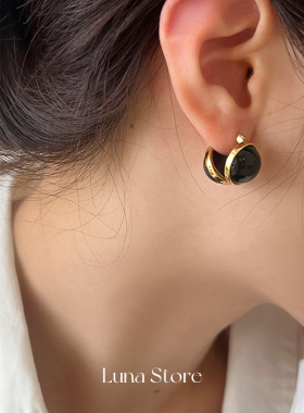 LUNASTORE高级感复古黑玛瑙半球925纯银耳扣女18k金轻奢法式耳环